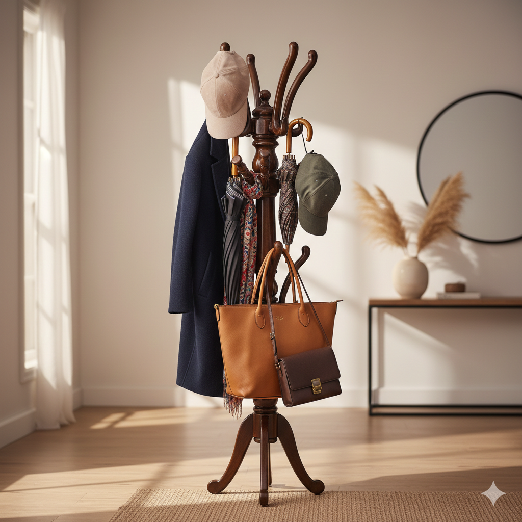 solid wood coat and umbrella stand (finish colour - teak colour semi matt finish, pre assembled