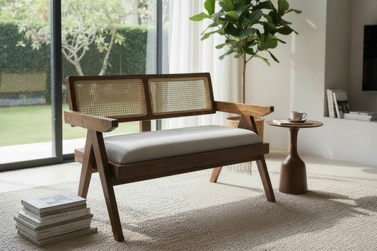 Teak Wood Rattan Back 2-Seater Sofa, White Cushion, Natural Matte Finish