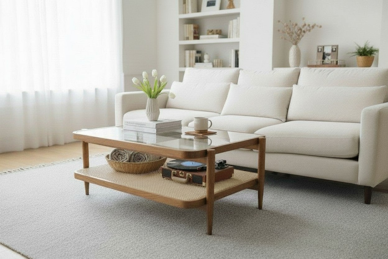 Lumber Casa Coffee Table with GlasS Wood Frame, 36x36x18 Inch, 2-Tier