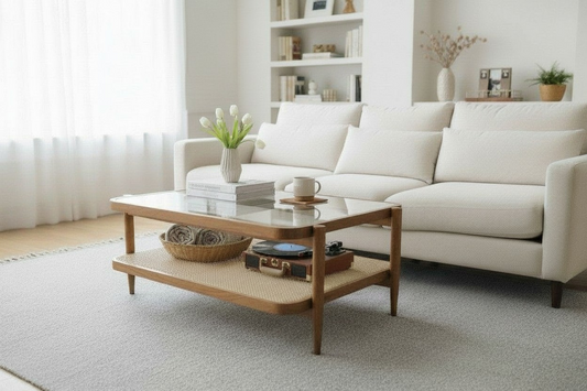 Lumber Casa Coffee Table with GlasS Wood Frame, 36x36x18 Inch, 2-Tier