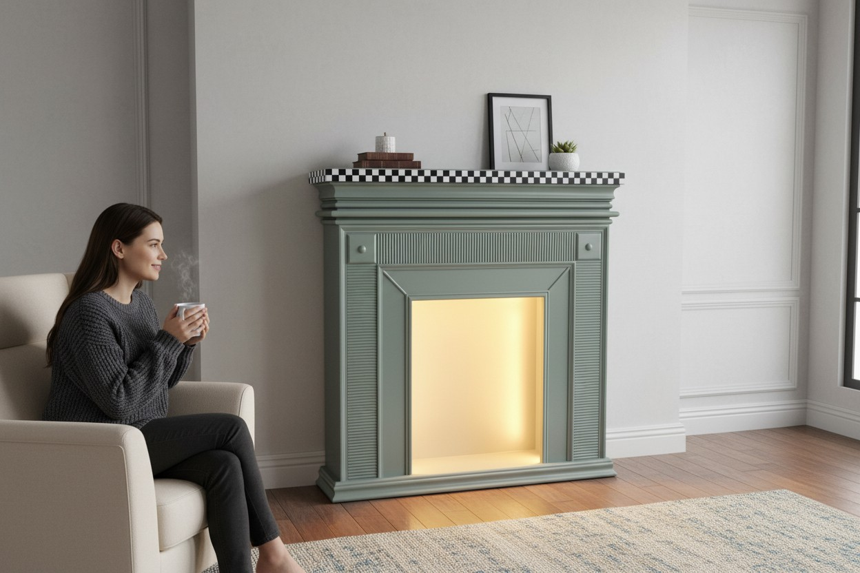 Lumber Casa Decorative Fireplace Mantel Surround, Sage Green with Checkered Detail, 48x15x42Inch