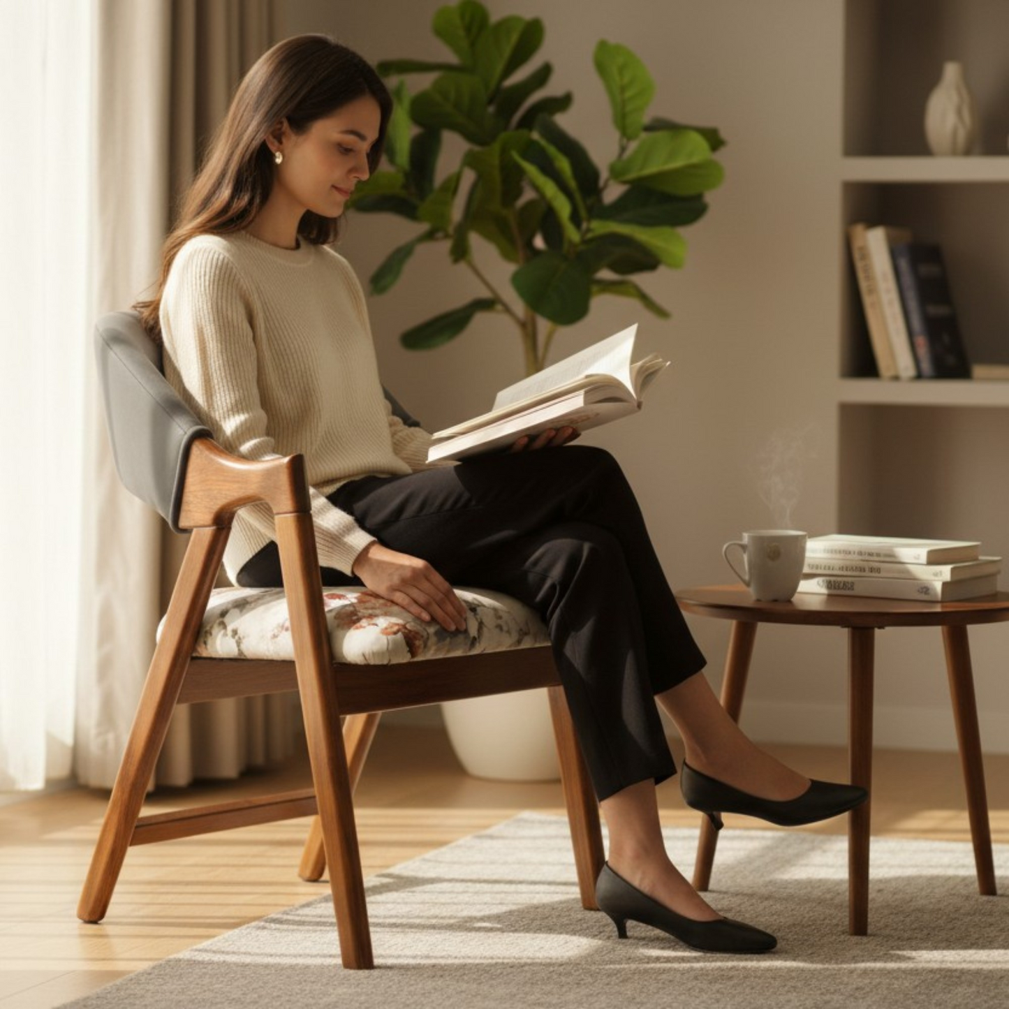 Elegant Teak Wood Living Room Chair with Floral Fabric Upholstery