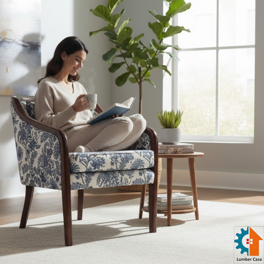 Teak Wood Armchair with Foam Seating, Premium Fabric and Matching Accent Pillow Solid Wood Living Room Chair (Finish Color - WALNUT, Pre-assembled)