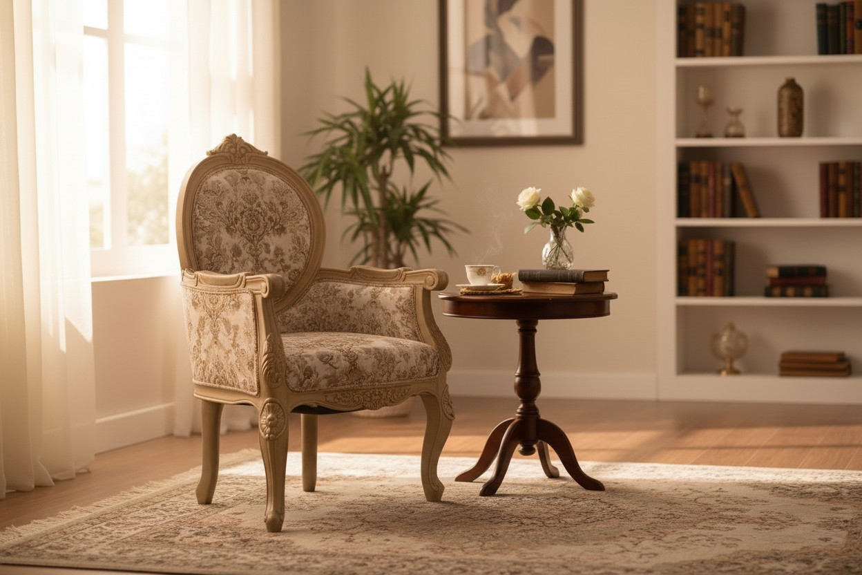 LUMBER CASA Teak Wood Visitor Armchair, Floral Fabric Upholstery, Polished Finish, Living Room