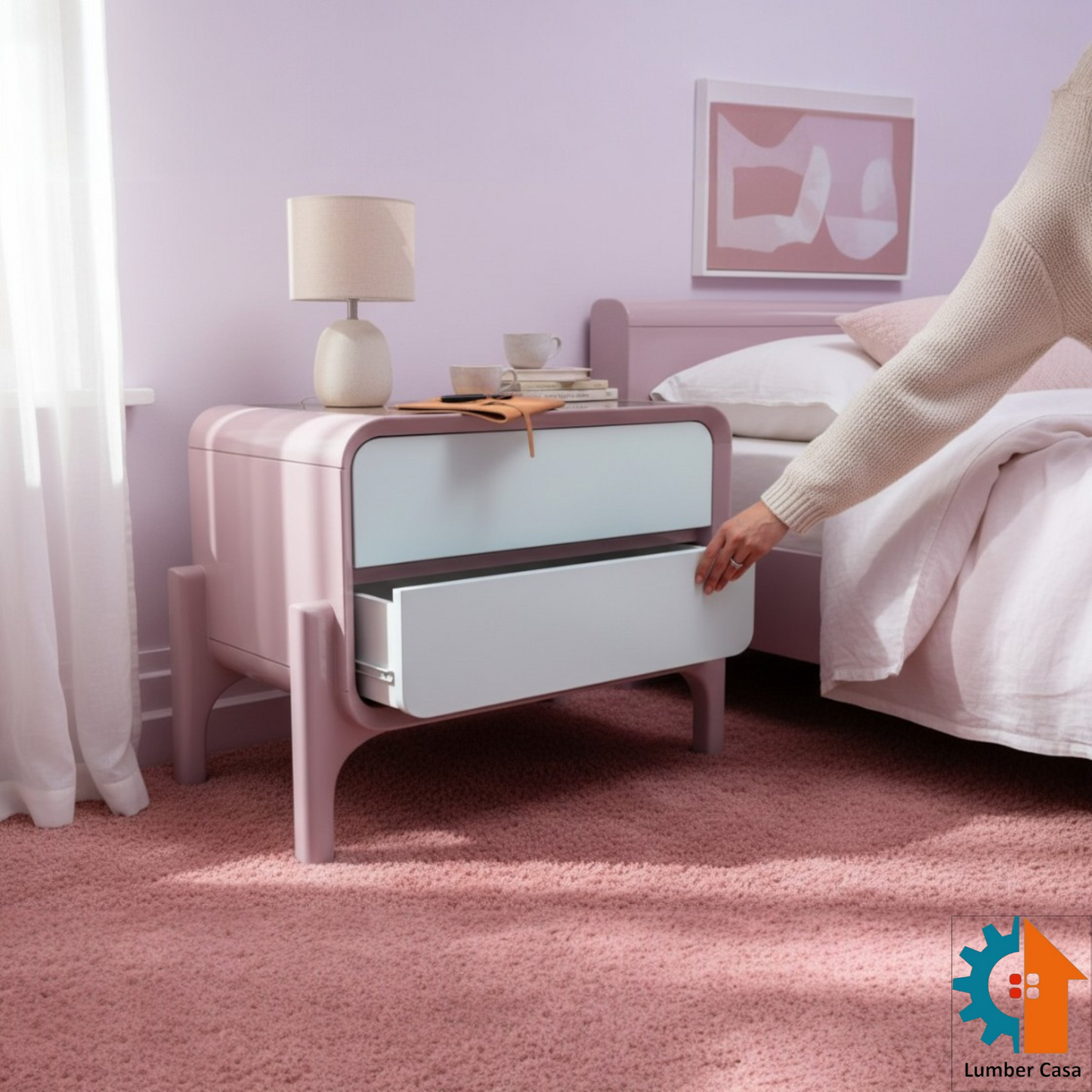 Modern Dual-Tone Pink and White Teak Wood Two-Drawer Bedside Table with Mid-Century Curved Legs