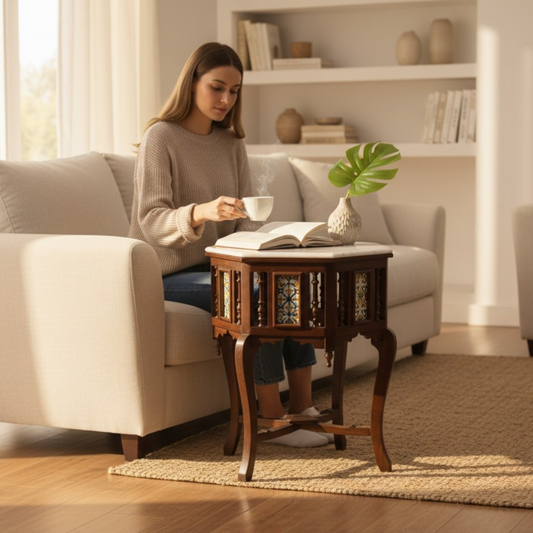 Lumber Casa Octagonal Console Table with white onex Top Wooden frame Solid Wood Coffee Table (Finish Color - natural teak colour, Pre-assembled)