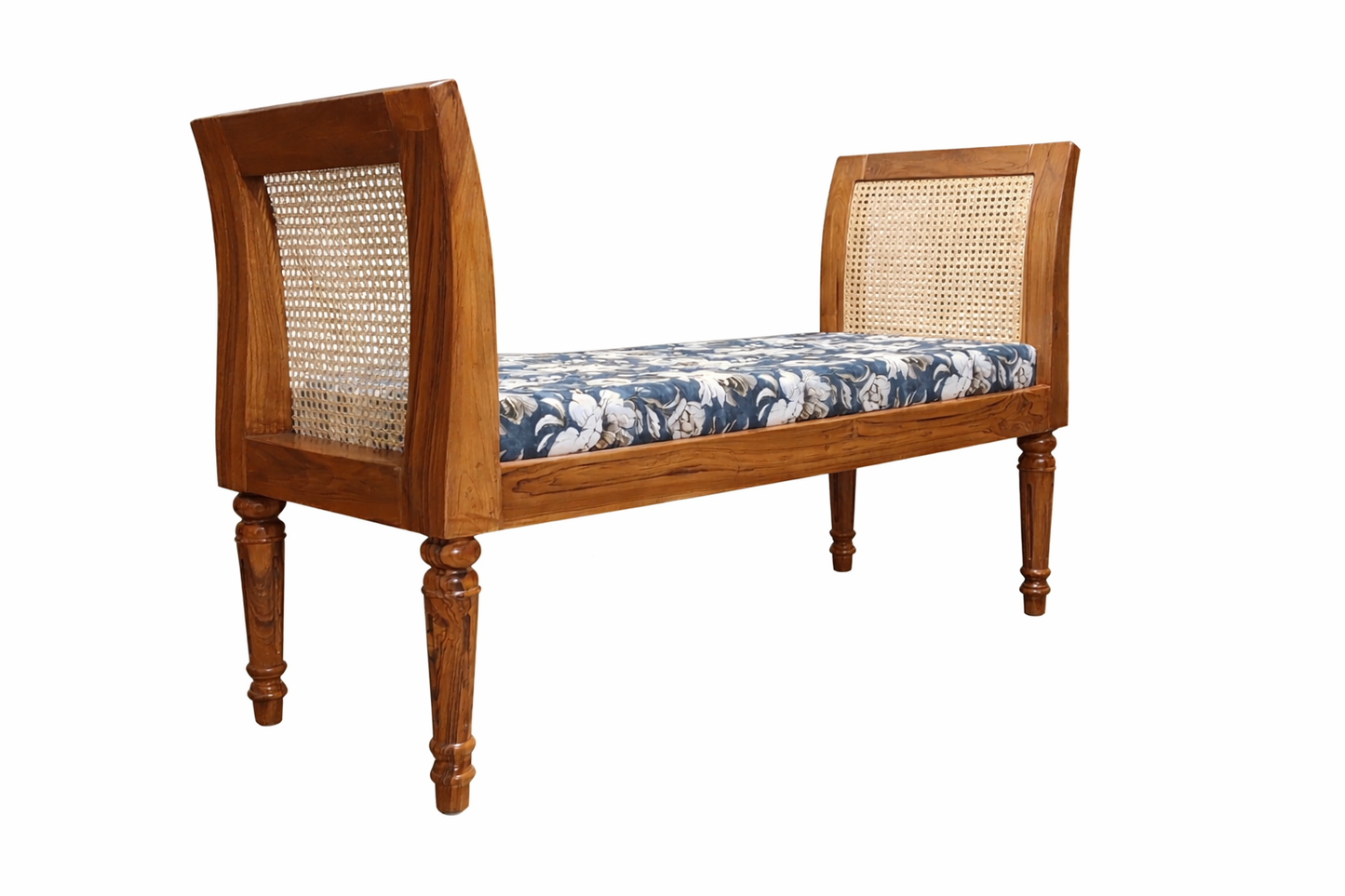 Handcrafted Teak Wood & Rattan Cane Bench with Floral Upholstery Fabric 2 Seater Sofa (Finish Color - TEAK COLOUR, Pre-assembled)