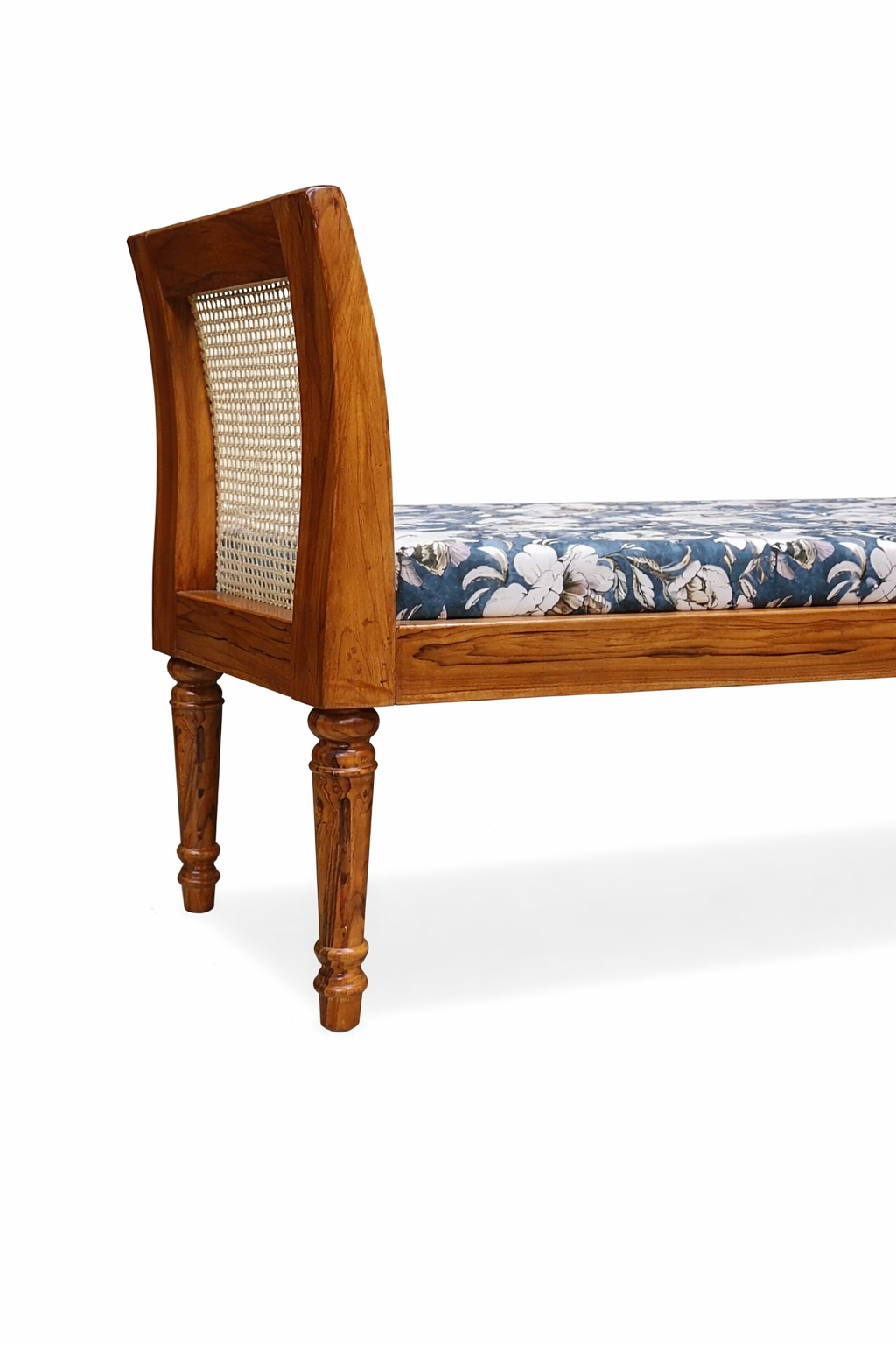 Handcrafted Teak Wood & Rattan Cane Bench with Floral Upholstery Fabric 2 Seater Sofa (Finish Color - TEAK COLOUR, Pre-assembled)