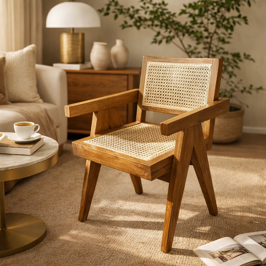 Teak Wood Armchair with Natural Rattan CANE Mid-Century Modern Living Room Solid Wood Living Room Chair (Finish Color - LIGHT WALNUT, Pre-assembled)