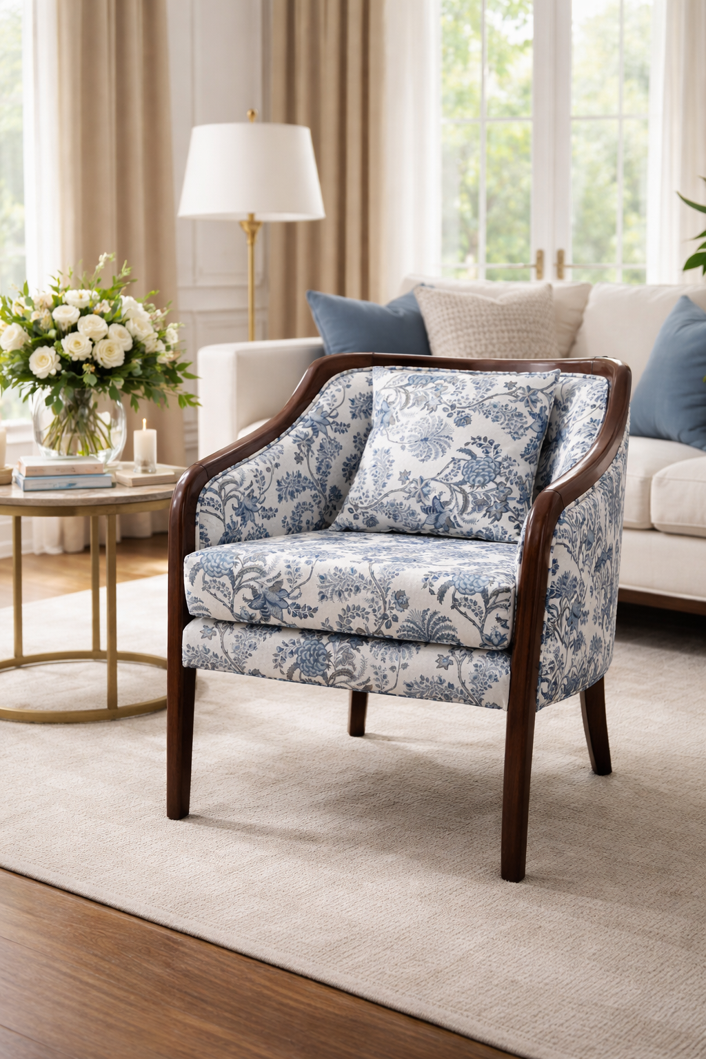 Teak Wood Armchair with Foam Seating, Premium Fabric and Matching Accent Pillow Solid Wood Living Room Chair (Finish Color - WALNUT, Pre-assembled)