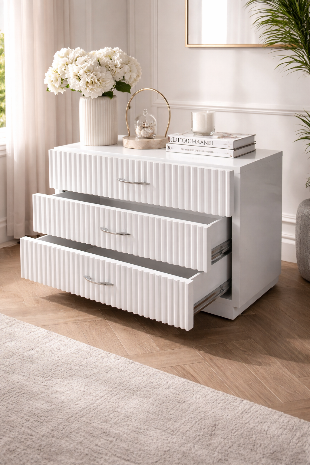 Modern White Fluted 3-Drawer Plywood and MDF Dresser with Elegant Silver Chrome Handles