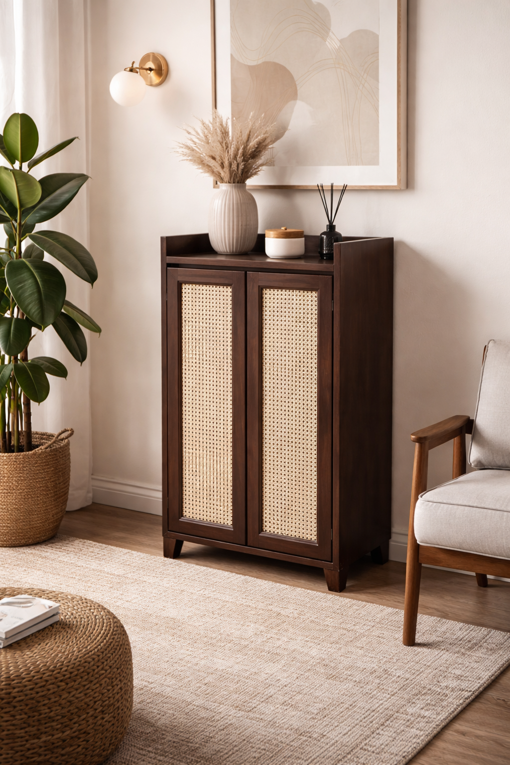 Handcrafted Solid Teak Wood Storage Cabinet in Walnut Finish with Premium Rattan Cane Weaving – Elegant Multi-Purpose Home Organiser Unit