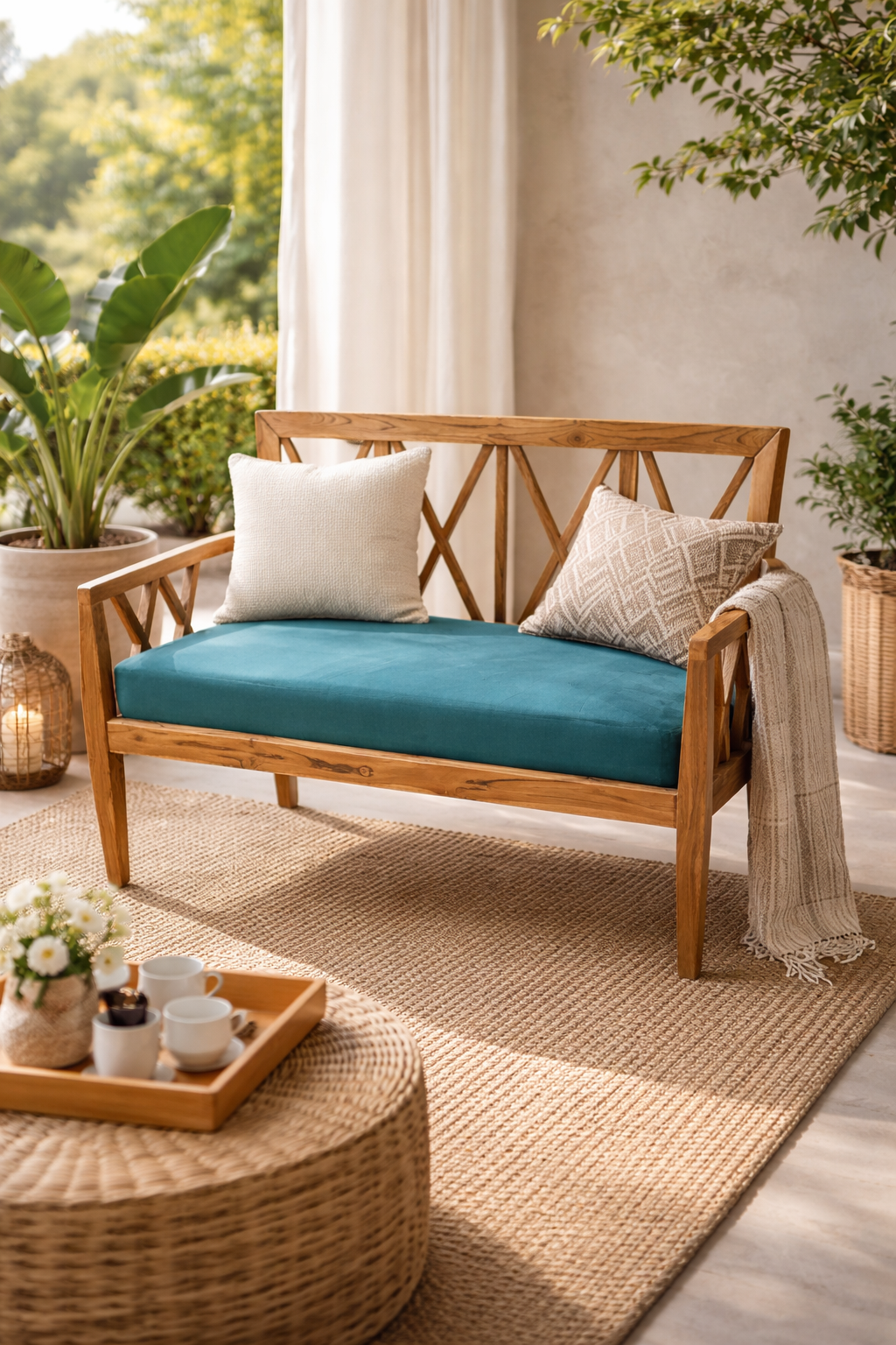 Lumber Casa Wooden Sofa Loveseat with Teal Cushion, Cross-Back Design, 44x22x33 Inch