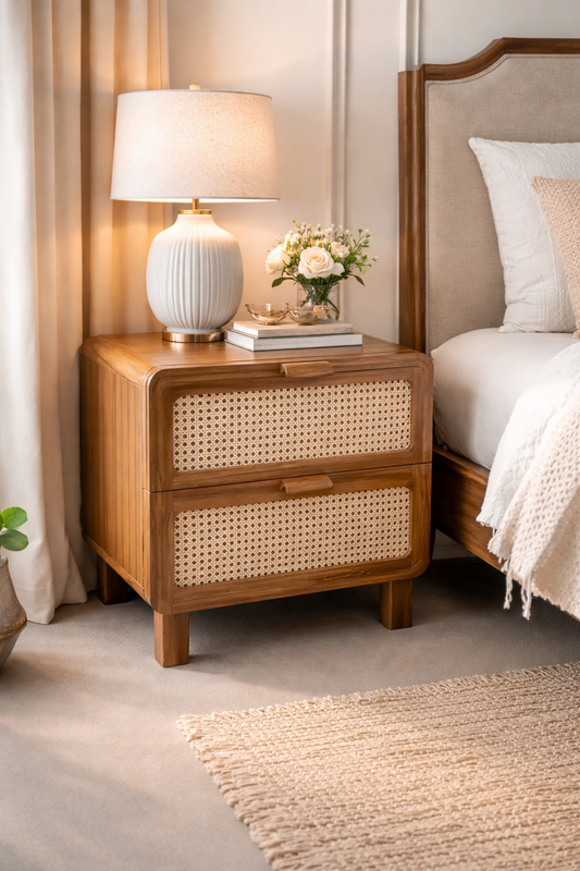 Lumber Casa Bedside Table Teak Wood and Rattan Cane, 45x38x45 cm, Boho Style Solid Wood Bedside Table (Finish Color - LIGHT WALNUT, Pre-assembled)