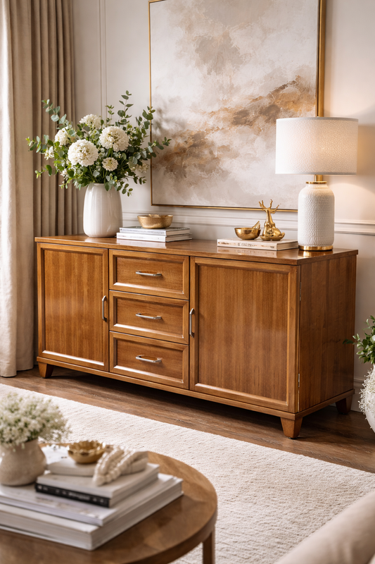 Premium Teak Wood Chest of Drawers with Semi-Matt Melamine Polish Finish Solid Wood Free Standing Chest of Drawers (Finish Color - LIGHT WALNUT, Door Type- Folding, Pre-assembled)