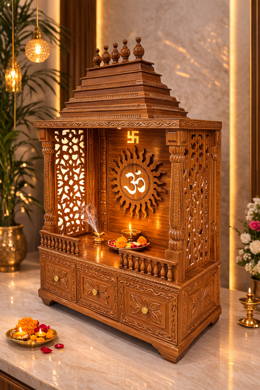 Lumber Casa Wooden Home Temple Mandir with Om Sun Carving, Stepped Shikhar, Storage Drawers, 40x18x72 Inch
