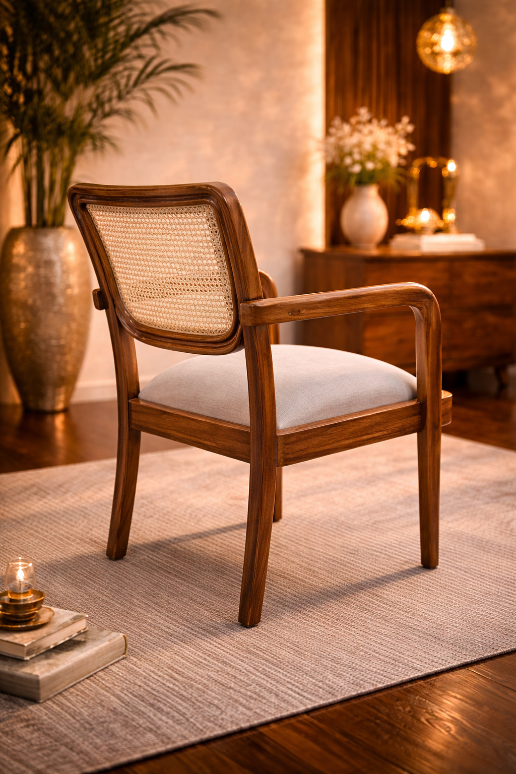 teak wood living room chair Features a woven cane backrest set in a beautifully crafted teak wood frame, blending traditional and contemporary styles.