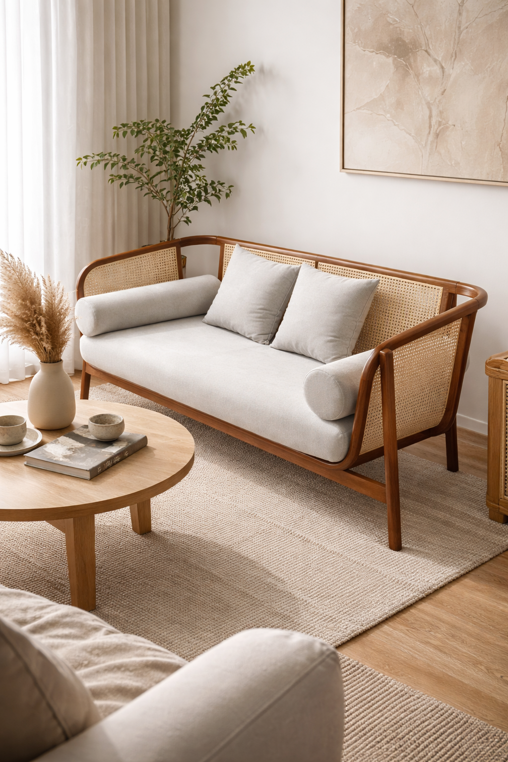 Lumber Casa Wooden Sofa with Rattan Cane Backrest, Bohemian Style, 152x71x76 cm