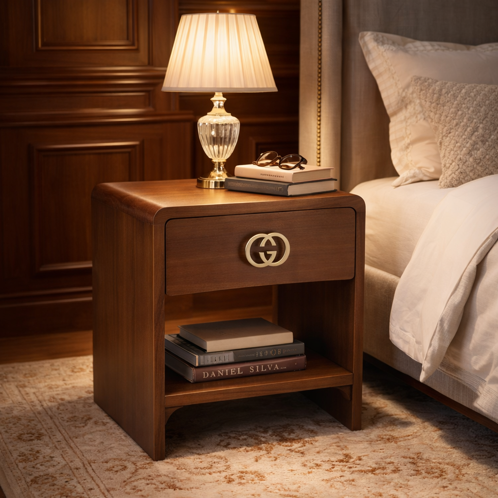 Wooden Bedside Table with Drawer and Open Shelf, Brown Finish, 18x15x18 Inch Nightstand with Decorative Hardware
