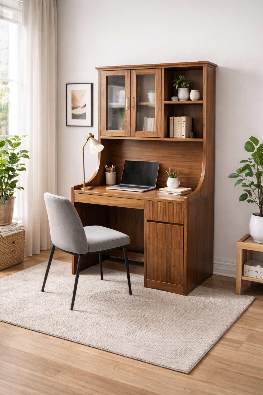 Lumber Casa Study Table with Hutch, Wooden Desk with Glass Door Cabinet and Storage Drawers, 91x48x182.88 cm