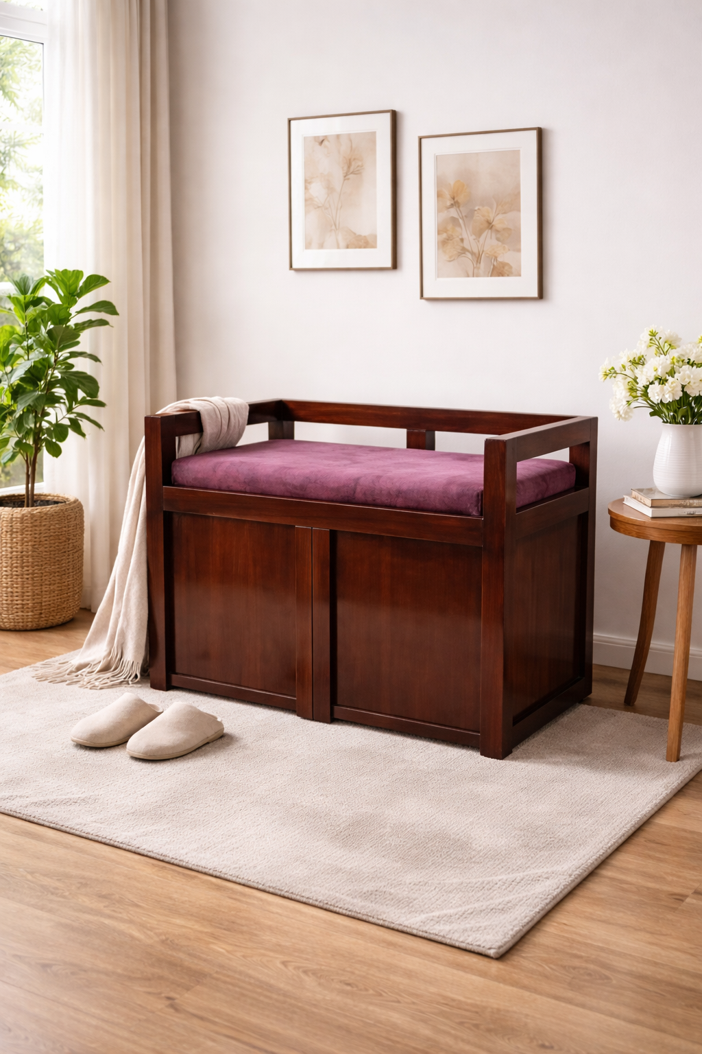 Premium Teak Wood Sethi with Storage, Melamine Finish, Elegant Design, Durable Build, Smooth Edges, Premium Matte Polish Seating Bench Furniture