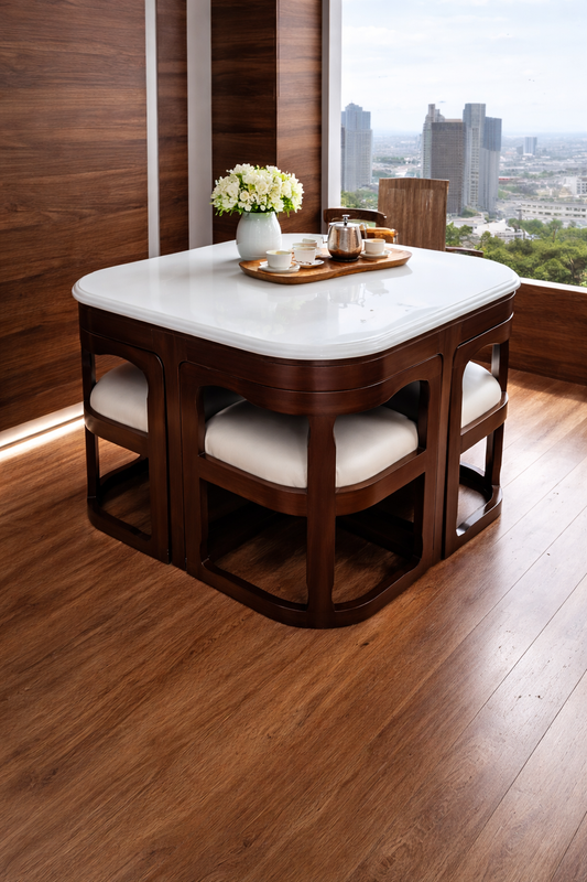 Premium Teak Wood Coffee Table with 4 Chairs, Melamine Polish, Matte Finish, Durable Design, Elegant Seating Set by Lumber Casa