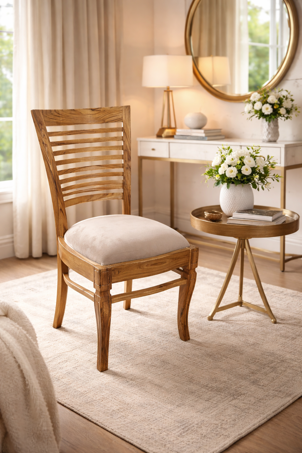Lumber Casa Solid Wood Living Room Chair with Upholstered Seat, Ladder Back, Natural Finish, 48x46x91 cm
