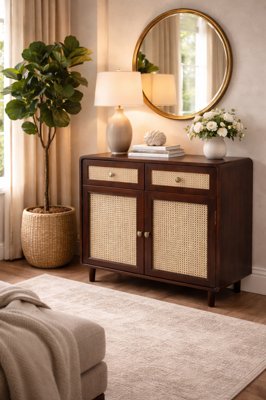 Classic dark brown wooden cabinet with woven rattan cane panel doors and drawers, complemented by antique brass-finish metal handles for a timeless look