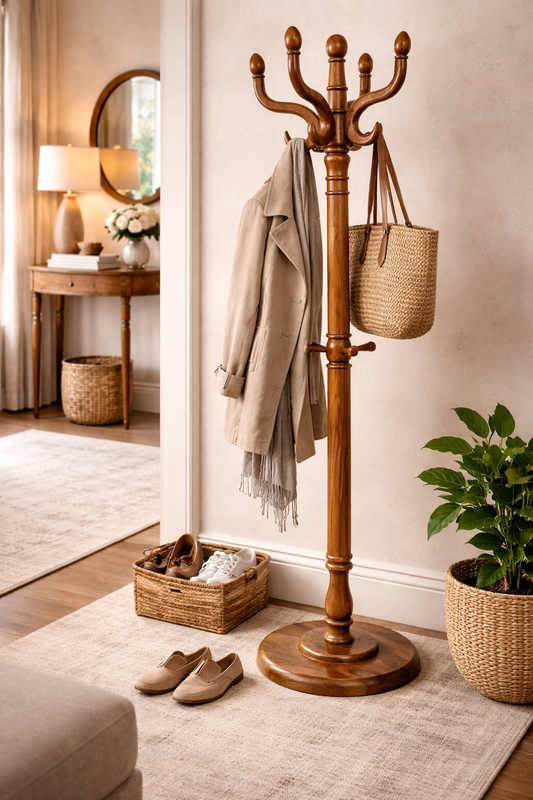 Premium Handcrafted Teak Wood Standing Coat Rack and Organizer