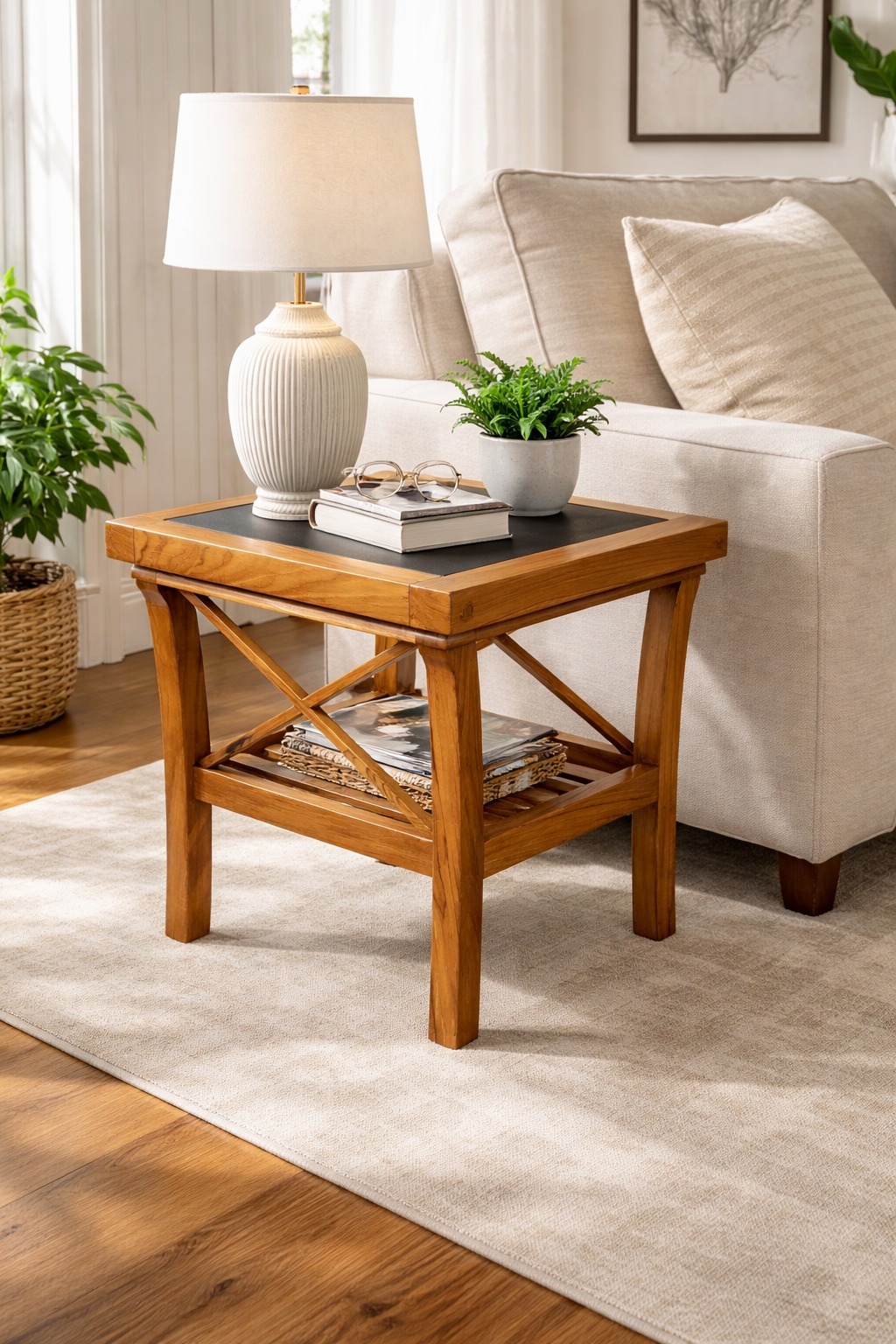 Teak Wood End Table with Glass Top Natural teak colour with a semi-matt finish that enhances the wood’s beautiful grain patterns.