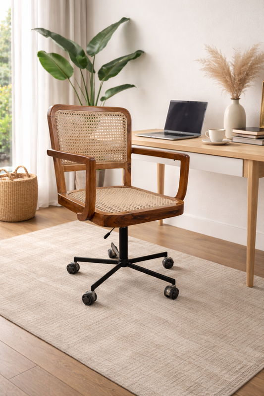 Premium Teak Wood Living Room Swivel Chair with Natural Cane Webbing, Ergonomic Armrests, and Sleek Semi-Matt Finish for Modern Interiors.