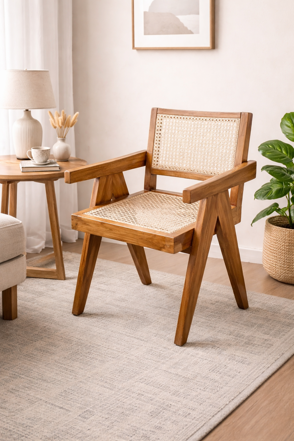 Teak Wood Armchair with Natural Rattan CANE Mid-Century Modern Living Room Solid Wood Living Room Chair (Finish Color - LIGHT WALNUT, Pre-assembled)