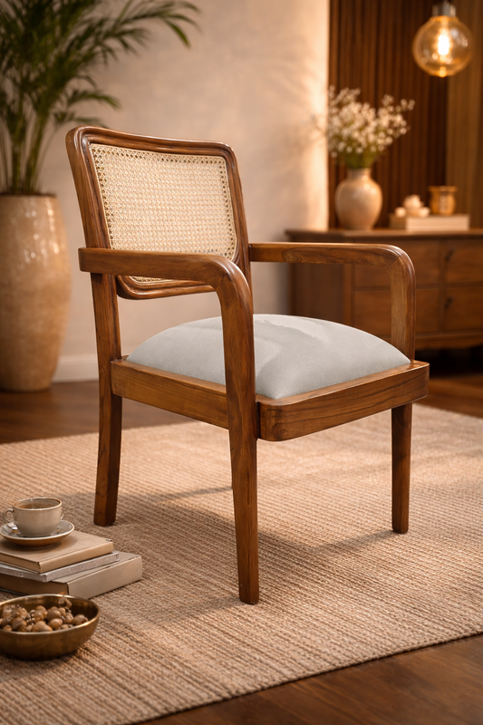 teak wood living room chair Features a woven cane backrest set in a beautifully crafted teak wood frame, blending traditional and contemporary styles.