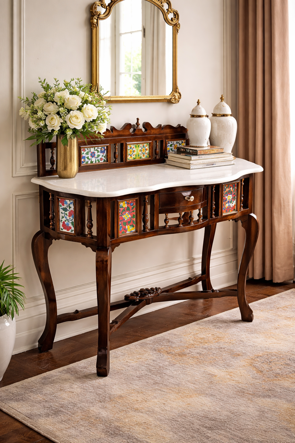 Lumber Casa Console Table with Marble Top, Colorful Floral Tile Inlay, Wooden, 91x38x91 cm