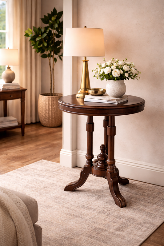 Lumber Casa Round Accent Side Table, Walnut Brown, Solid Wood, Traditional Style Glass Coffee Table (Finish Color - WALNUT, Pre-assembled)