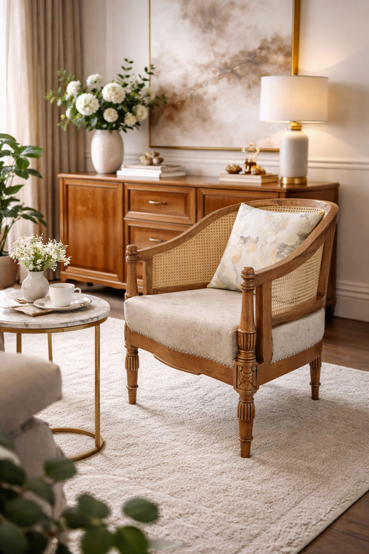 Lumber Casa Living Room Chair with Cane Back, Wooden Frame, Upholstered Seat, 23x24x32 Inch
