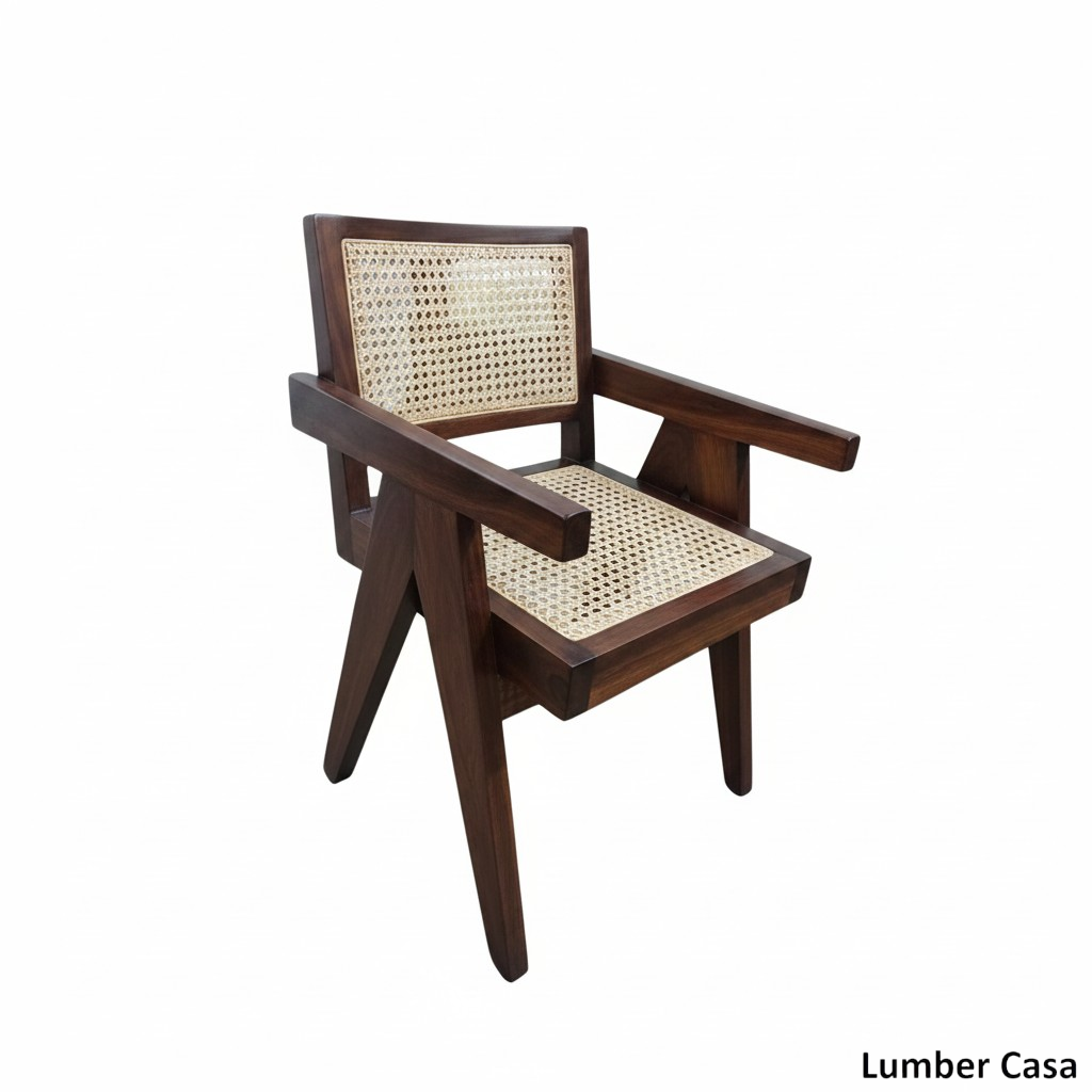 Lumber Casa Living Room Chair with Rattan Back Brown Cushion Seat Solid Wood Living Room Chair (Finish Color - LIGHT WALNUT, Pre-assembled)