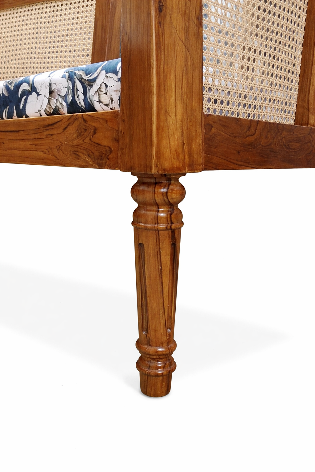 Handcrafted Teak Wood & Rattan Cane Bench with Floral Upholstery Fabric 2 Seater Sofa (Finish Color - TEAK COLOUR, Pre-assembled)