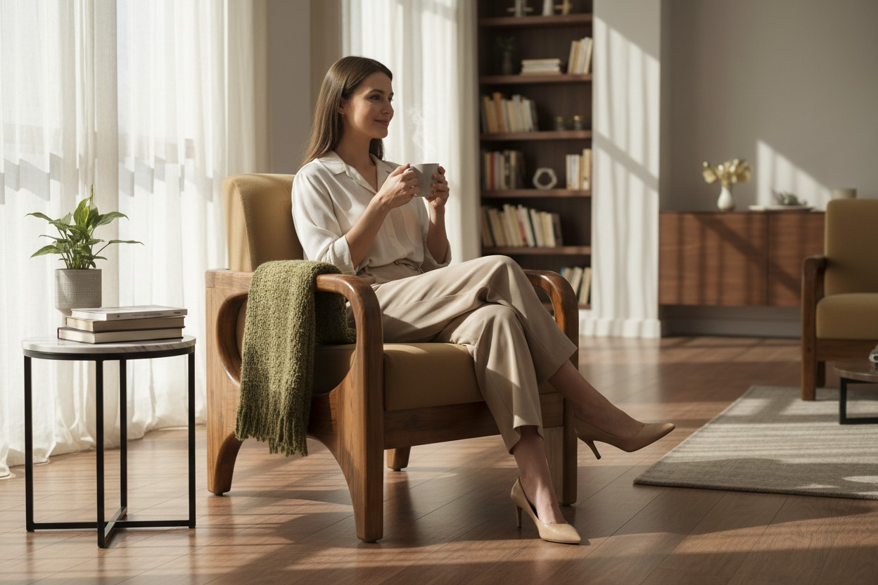 Lumber Casa Wooden Sofa Chair with Cushioned Seat and Back, Beige Upholstery, 27x28x30 Inch