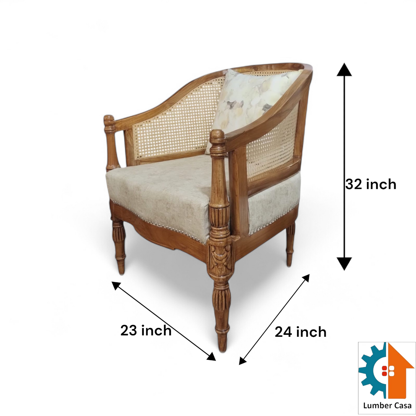 Lumber Casa Living Room Chair with Cane Back, Wooden Frame, Upholstered Seat, 23x24x32 Inch