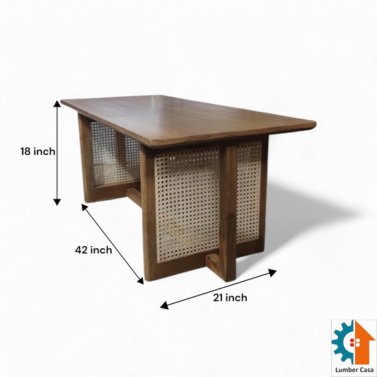 Elevate Your Living Room with Our Stunning Teak Wood Coffee Table Featuring Natural Cane Weaving. The Teak Colour Matte Finish adds a Touch of Warmth and Sophistication.