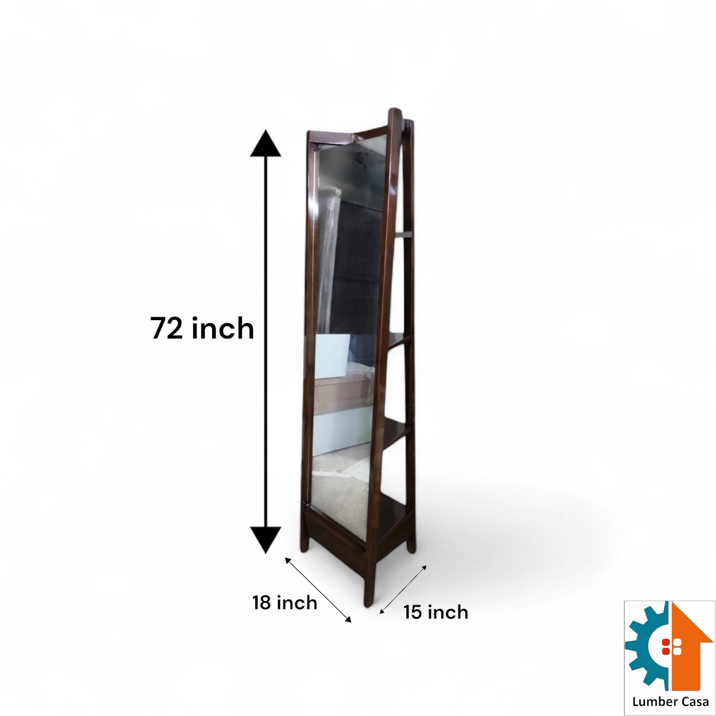 Full Length Standing Mirror with Storage Shelves,Teak Wood Frame, Dark Brown, 4-Tier Display Unit, pre Assembled