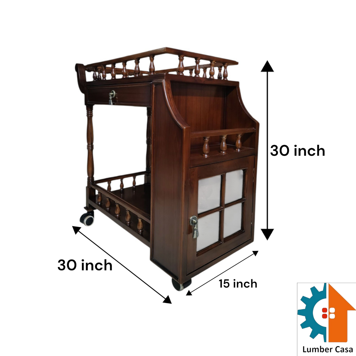 Solid Wood Bar Trolley with Shelves and Hooks, Light Walnut Finish, Pre-Assembled (Brown)