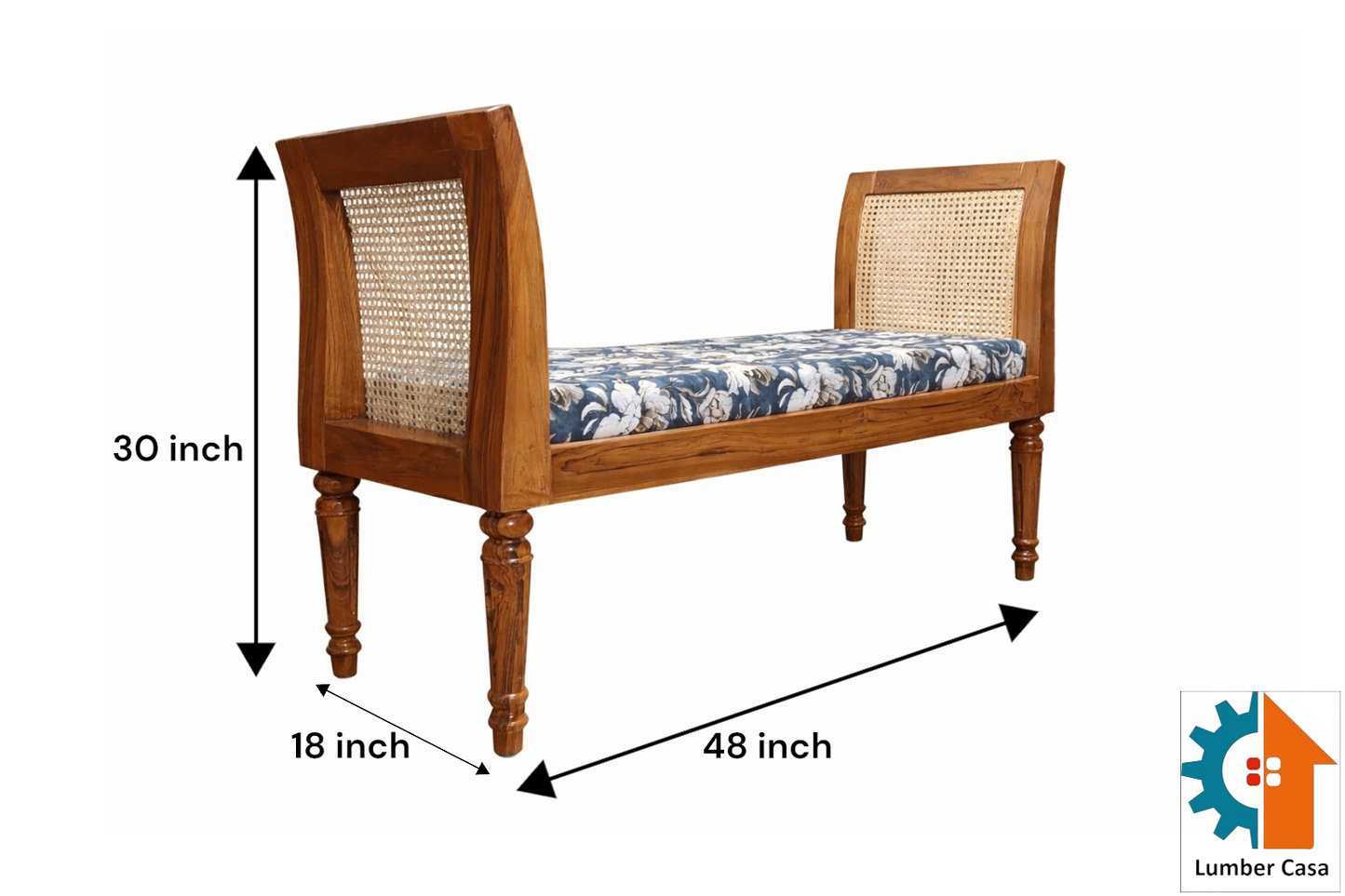 Handcrafted Teak Wood & Rattan Cane Bench with Floral Upholstery Fabric 2 Seater Sofa (Finish Color - TEAK COLOUR, Pre-assembled)