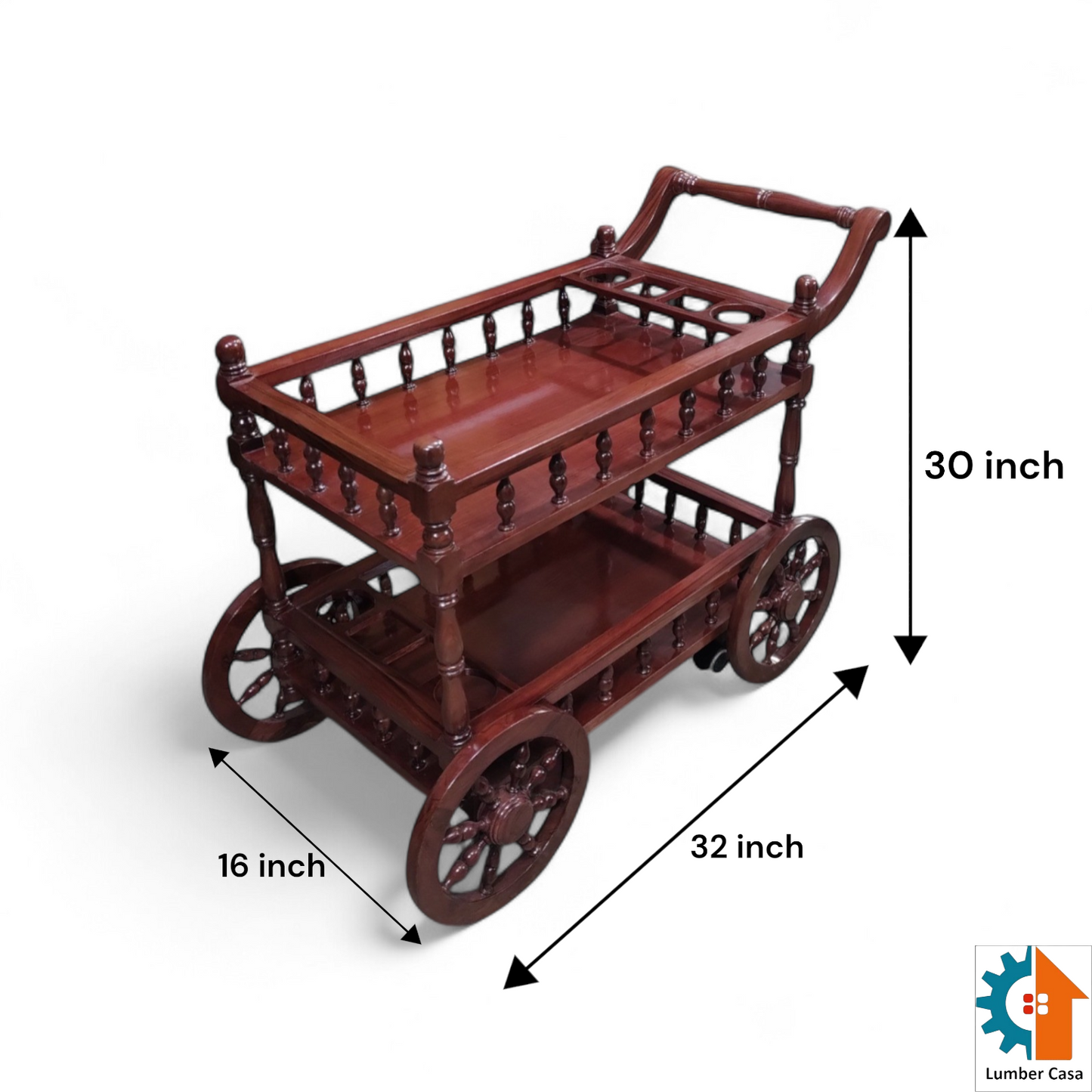 Lumber Casa Wooden Bar Trolley with 2 Tiers, Decorative Wheel Design, 32x16x30 Inch