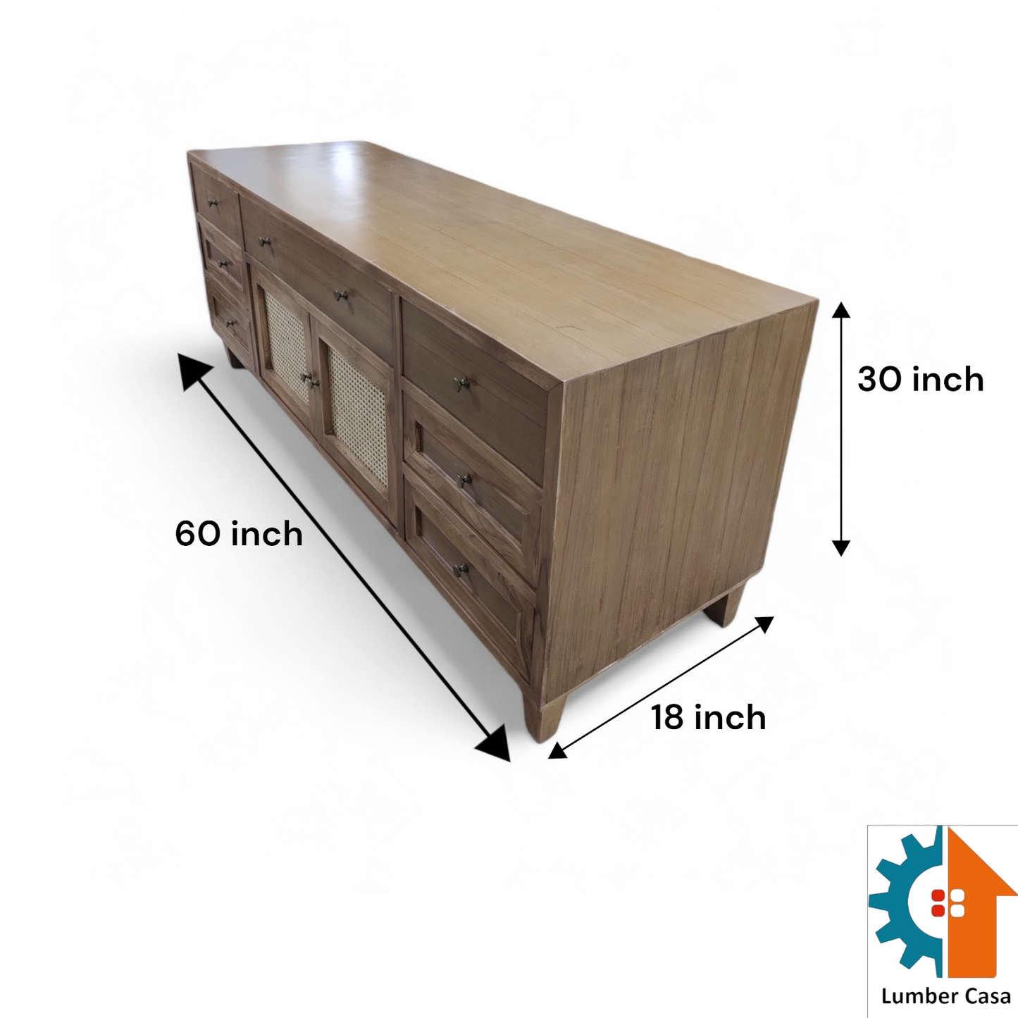 Lumber Casa Chest of Drawers, Solid Wood with Rattan Cane Door Panels, Natural Brown