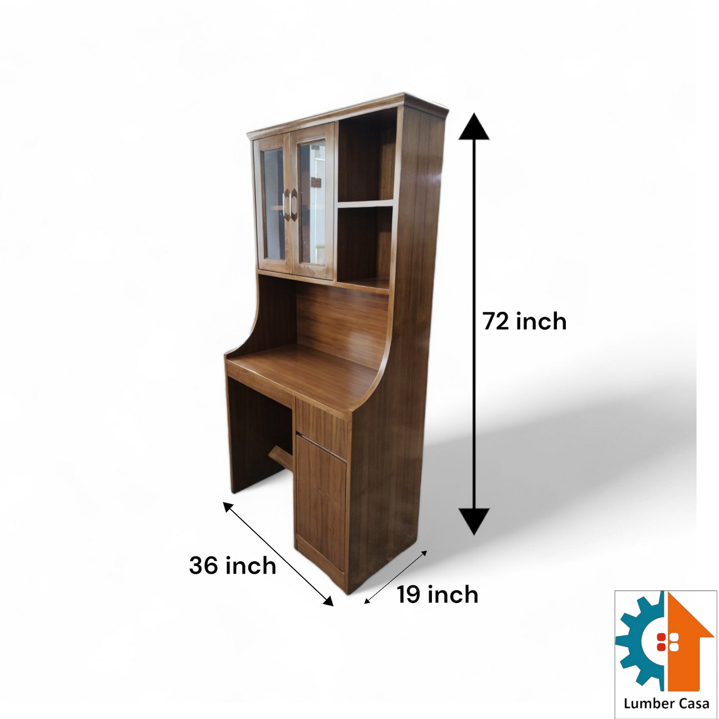 Lumber Casa Study Table with Hutch, Wooden Desk with Glass Door Cabinet and Storage Drawers, 91x48x182.88 cm