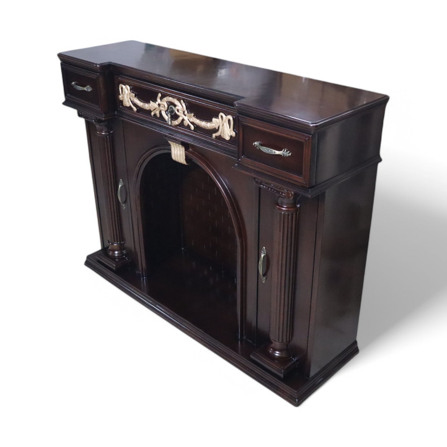 Handcrafted Solid Natural Teak Wood Fireplace Mantel with Neoclassical Fluted Columns and Ornate Gold Accents