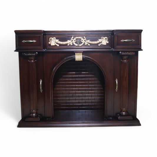 Handcrafted Solid Natural Teak Wood Fireplace Mantel with Neoclassical Fluted Columns and Ornate Gold Accents