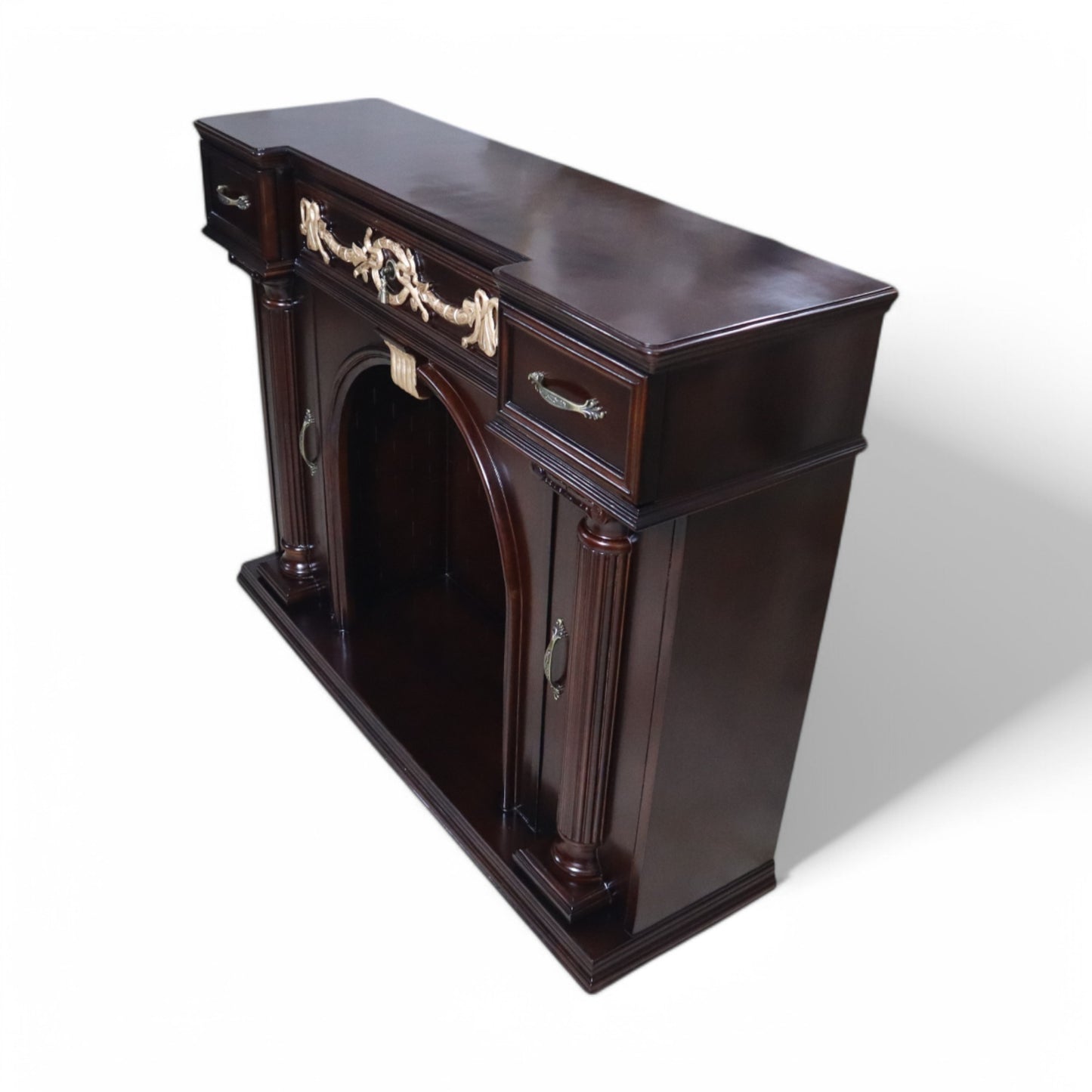 Handcrafted Solid Natural Teak Wood Fireplace Mantel with Neoclassical Fluted Columns and Ornate Gold Accents